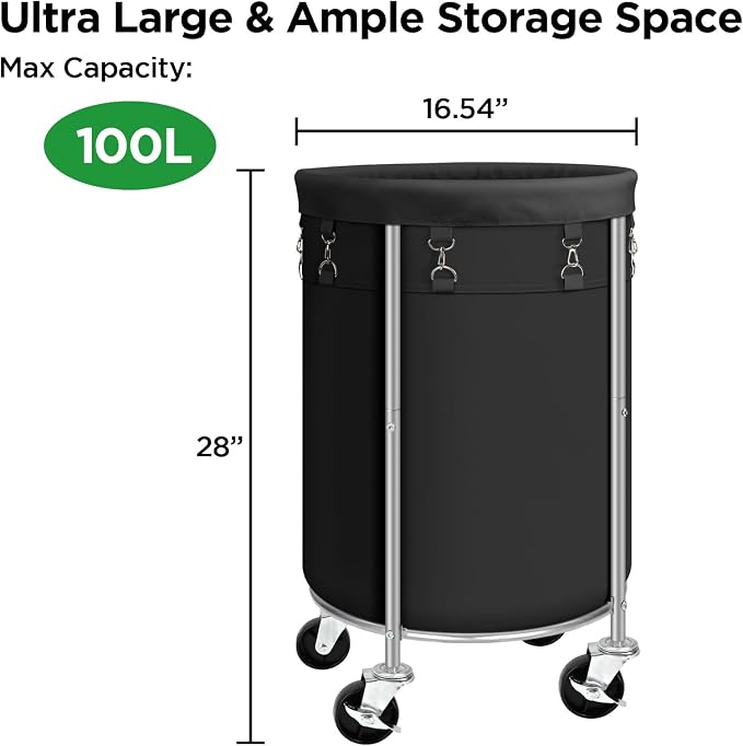 100L Round Rolling Laundry Hamper Basket with Wheels, Black | Laundry Sorter Cart with Removable Bag, Clothes Organizer, Metal Frame, Bedroom, Bathroom, Laundry Room, Dorm Use