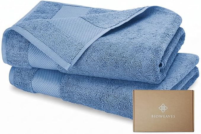 100% Organic Cotton Bath Sheet Set of 2 | Soft Oversized Bath Towels | 700 GSM Premium Bath Towel Sheet Set GOTS Certified - Cerulean Blue