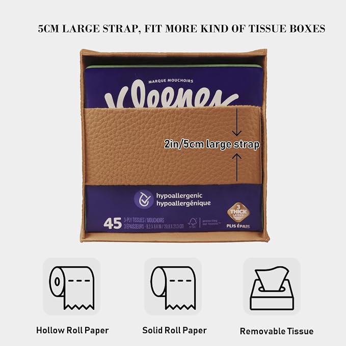 Tissue Box Cover Holder Square Tissue Cube Cover PU Leather Tissue Organizer with Bottom Belt for Bathroom, Tabletop, Car, Night Stands, Office, Home, Kitchen (1, Brown)