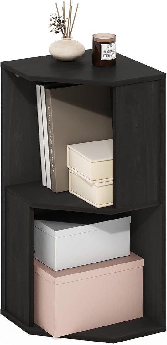 Furinno ECON Corner Shelf, 2-Tier Corner Book Shelf, Standing Storage Shelves, Cube Display Rack, Bookshelf, for Organization and Storage, Living Room, Home Office, Espresso