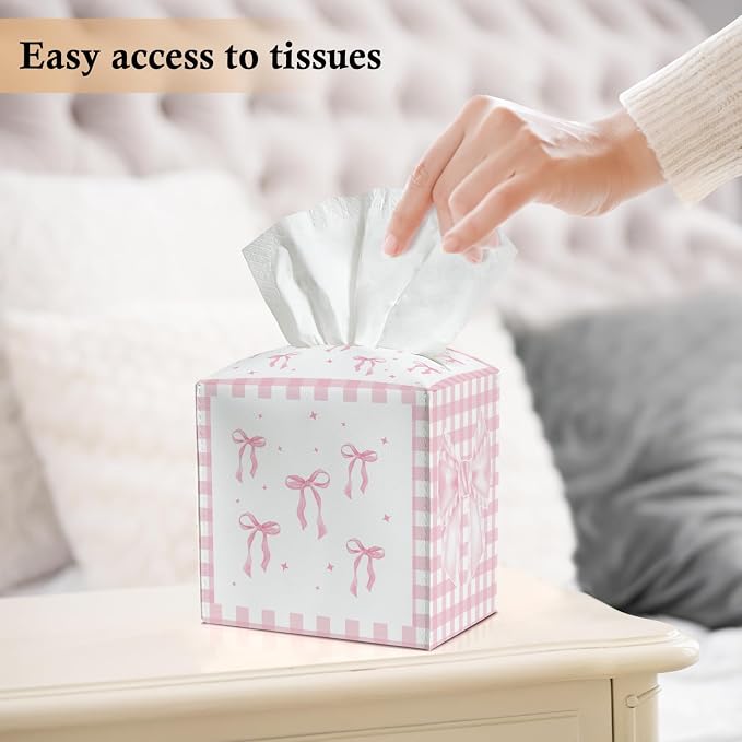 Bow Tissue Box Covers Square, Pink and White Checkered Leather Tissue Box Holders Decorative for Car Nightstand Home Office Bathroom Organizer, Square Facial Paper Organizer Home Decor -019