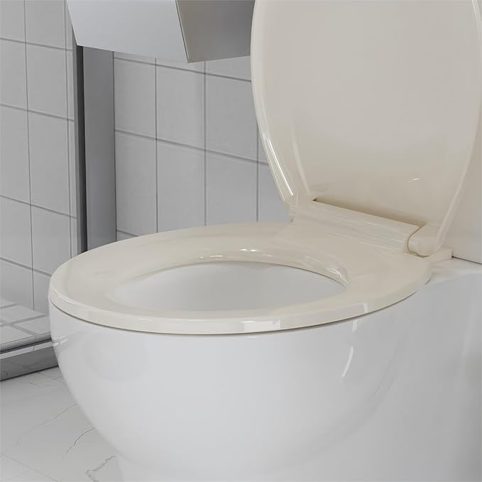 17" Round Almond Slow Close Toilet Seat, Polypropylene Toilet Seat Cover with Never Loosen Lid, Quiet and Easy to Install and Clean