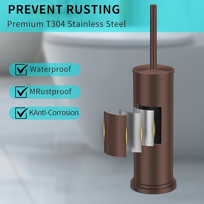 Stainless Steel Toilet Brush and Holder Set,Toilet Bowl Brush and Holder | Bronze Heavy Duty Toilet Brush for Bathroom with Long Handle,Removable Inner Bowl and Splash Protection,Deep Cleaning
