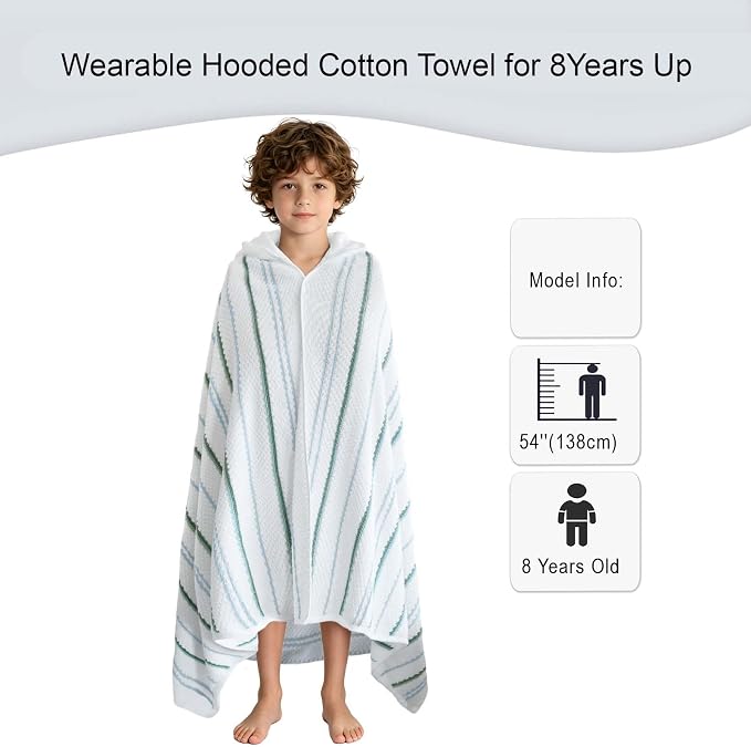 VOOVA & MOVAS Big Kids Hooded Towel, 8+, 100% Cotton, White Blue Green | Multi-Color Horizontal Stripe, Soft, Absorbent & Quick Dry, Ideal for Pool, Beach and Bath Time
