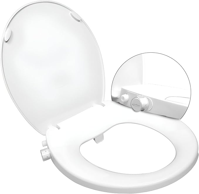 GenieBidet Right Side Bidet Toilet Seat Round - Round Bidet Toilet Seat with Adjustable Self-Cleaning Nozzles, Attachment, T Adapter & Bottle - Non Electric Bidet Seat