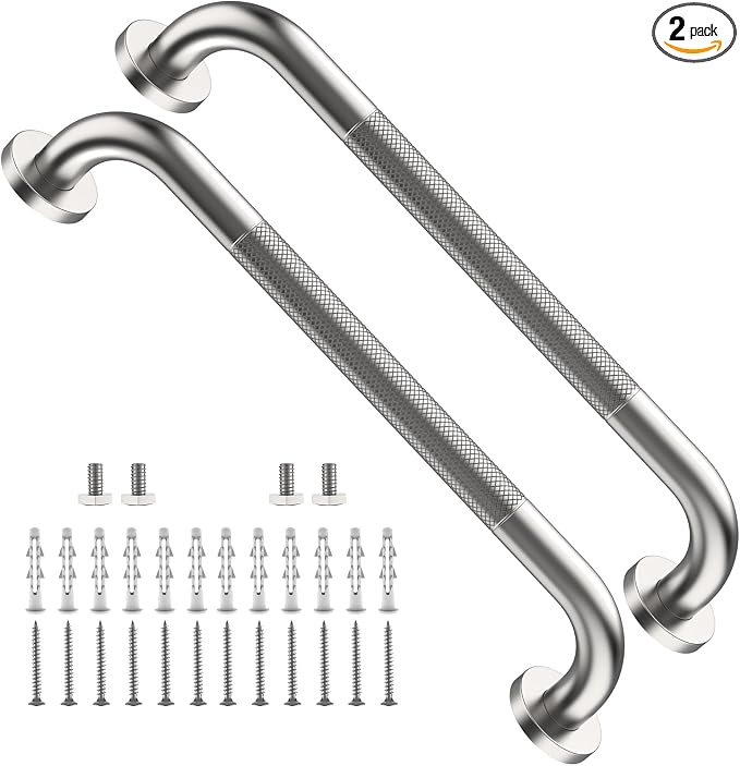 ZUEXT 2 Pack 16 Inch Brushed Nickel Non Slip Shower Grab Bar w/Knurled Grip | Bathroom Balance Support Rail, Assist Handle for Handicap Elderly Seniors, Wall Mounted Stainless Steel Bath Safety Handrail