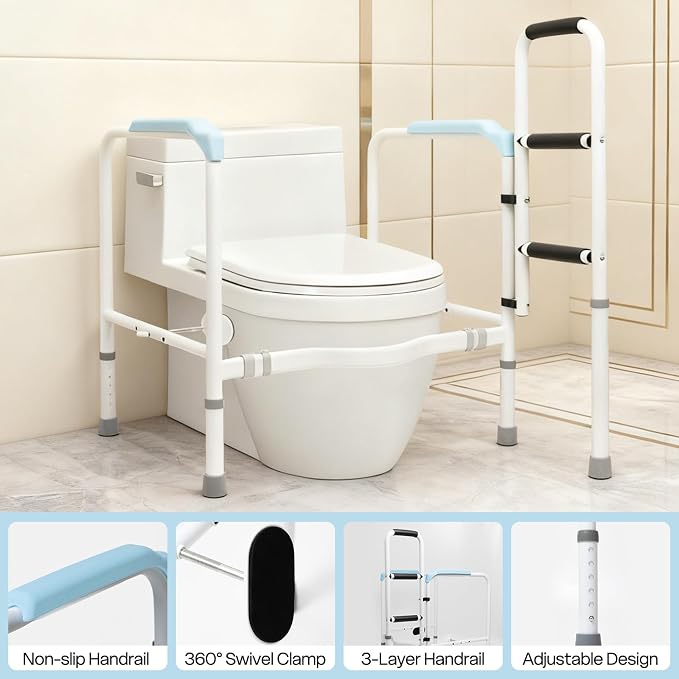 Toilet Safety Rails for Seniors, Heavy Duty Adjustable Toilet Safety Frame | 665 lb Capacity Stand Assist Rail with Suction Cups, Non-Slip Feet, Adjustable Height&Width, Foldable No-Drill Support