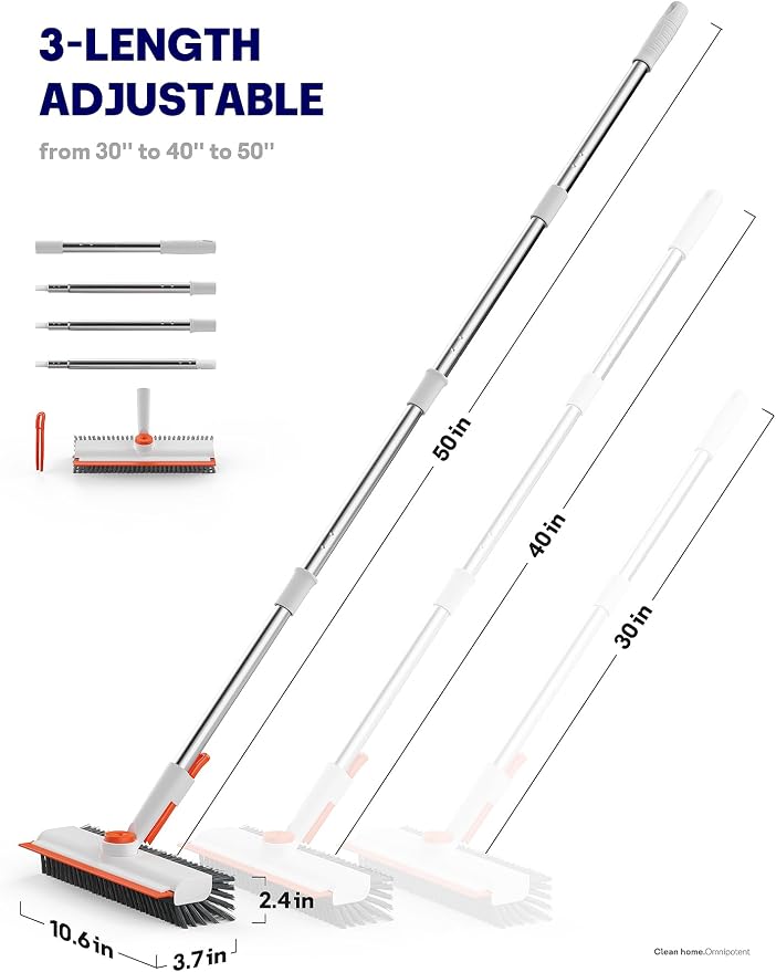 Floor Scrub Brush with Long Handle, 3 in 1 Deck Brush with Squeegee | 360° Swivel, Dual-side Bristle Floor Scrubber with Tweezer for Tile Wall Bathtub Patio Garage Pool Kitchen (Orange and White