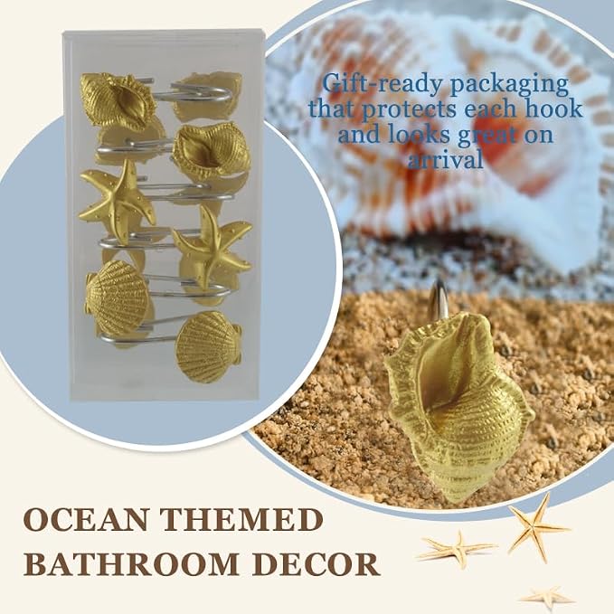 Seashell Shower Curtain Hooks 12pcs Beach Shower Curtain Rings Bath Shower Hooks Rust Proof Curtain Hangers Coastal Bathroom Accessories Decor (Golden)