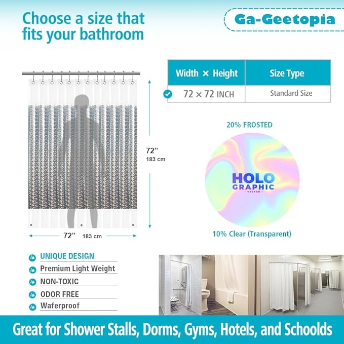 Ga-Geetopia Holographic 3D EVA Shower Curtain Liner Wave, 72x72 Premium Medium Weight Clear Plastic Bathroom Shower Curtain with Rustproof Metal Grommets for Shower Stall, Bathtubs
