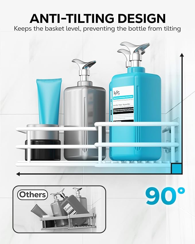 Nieifi Corner Shower Shelves, Adhesive Shower Caddy, Bathroom Organization | Stainless steel, 2 pack, wall mounted, bathroom shelves, shampoo and soap holder, bathtub storage, with hooks, white