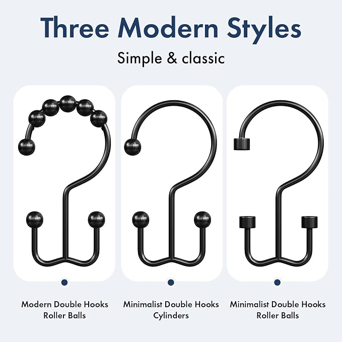 Bathway Shower Curtain Hooks Matte Black Shower Curtain Rings, 12 Pcs Double Hook Shower Curtain Hooks Rings Shower Curtain Hangers Rust Proof, Metal Shower Hooks for Bathroom Shower Curtain Rod