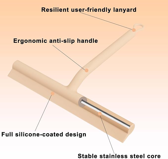 Squeegee for Shower Glass Doors, Resilient Loop - No-Drill & Adhesive Hook, Silicone Shower Squeegee with Stainless Steel Core, Cleaning Tool for Home, Kitchen, Bathroom & Car - Beige