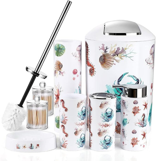OTOSTAR Bathroom Accessory Set 8 Pcs Ocean Bathroom Accessories Set Luxury Bath Set with Trash Can Soap Dispenser Toothbrush Holder Tumbler Soap Dispenser Toilet Brush Holder Qtip Holder (Seahorse)
