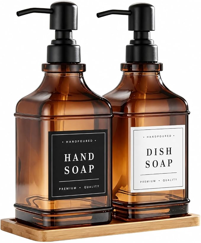 Amber Glass Soap Dispesner Set 2 16.9oz Kitchen Sink Luxury Bathroom Decor | Anti-leak Stainless Steel Pump, Bamboo Tray Silicone Funnel, Refillable Bottles with Waterproof Labels Residue Free