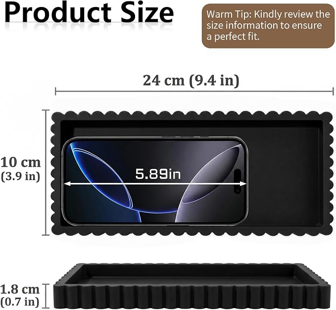 Bathroom Vanity Tray - 9.4''x3.9'' Silicone Bathroom Tray with Scalloped Edge, Counter Top Tray for Vanity Sink Countertop, Decorative Organizer for Cosmetics Jewelry, Rectangular, Black