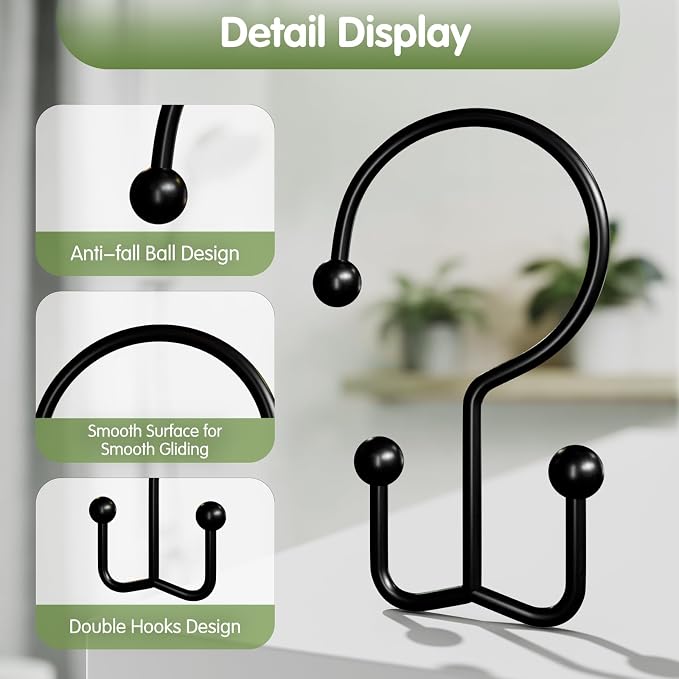 OEH 24 Pcs Shower Curtain Hooks, Metal Shower Curtain Rings, Black Shower Curtain Hooks Rust Proof, Double Shower Rings for Curtain, Easy Install Anti-Drop Shower Hooks for Shower Curtain, Black