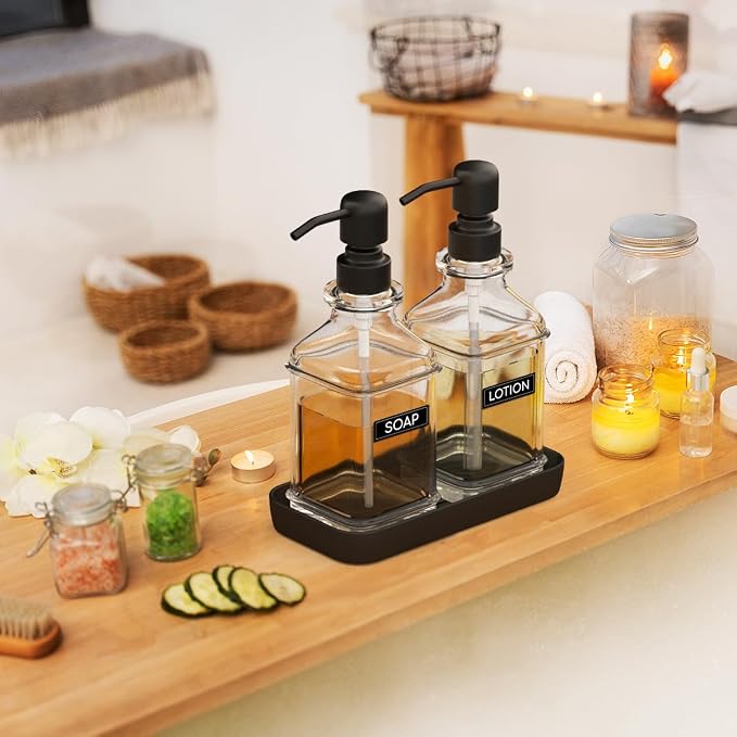 Soap Dispenser - 2 Pack, Antique Design Thick Glass Hand Soap Dispensers with Sturdy Tray; 304 Rust Proof Stainless Steel Black Pump, 12Pcs Stickers, for Kitchen, Bathroom