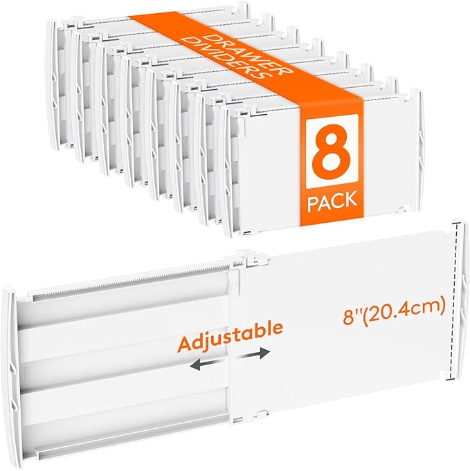 Lifewit 8" Tall Drawer Dividers, Adjustable Deep Drawer Organizer Clothes | 8 Pack 13.8"-22.2" Expandable White Plastic Separators for Dresser, Kitchen, Cabinet, Closet, Office Organization & Storage