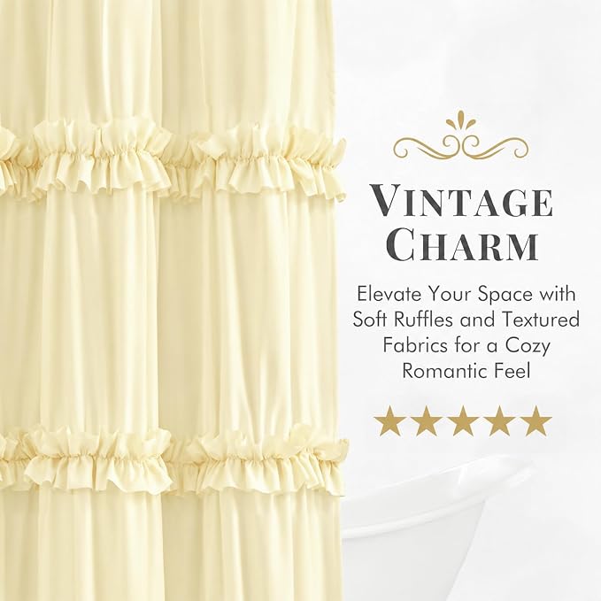 LIPA Boho Shower Curtain Rustic Ruffle Shower Curtain with Ruched & Bow Vintage Farmhouse Shower Curtains for Bathroom Bohemian Bathroom Decor(Barely Butter,72x78 Inches)