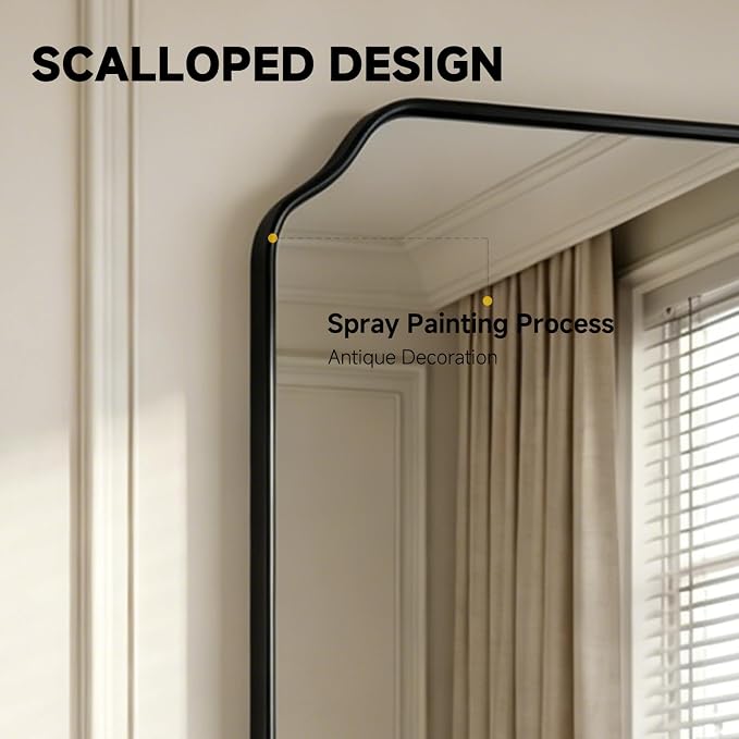 36"x24" Black Wall Bathroom Mirror, Scalloped Edge Vanity Mirror | Hangs Vertically/Horizontally, Wooden Frame Decorative Mirror, For Vanity, Bedroom & Entryway, Aesthetic Bathroom Decor