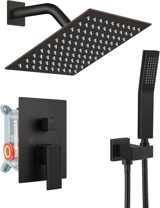 gotonovo Shower Faucet Set with Handheld Spray Oil Rubbed Bronze,8'' Head | SUS304 Rainfall Shower Head and Handle Set System Fixture,Pressure Balance Valve Trim Kit,Single Handle,Wall Mount,All Metal