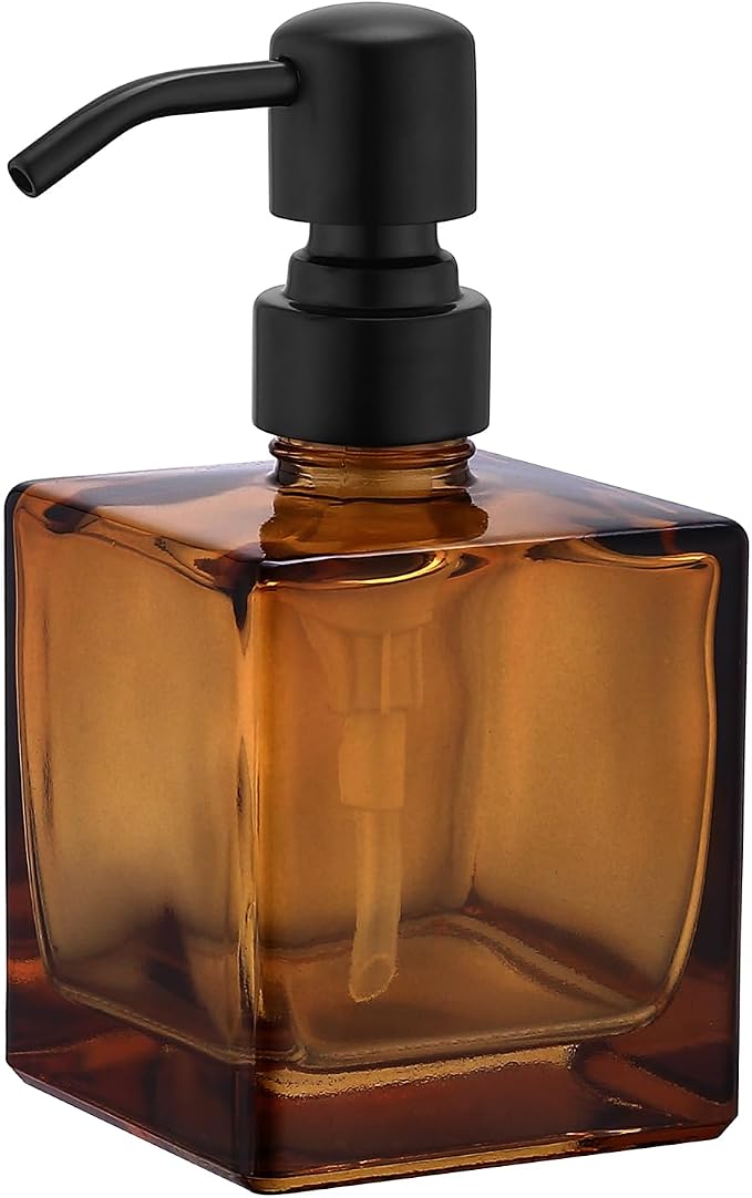 Square Bathroom Soap Dispenser Amber Bottle with Black Pump, Retangle Cube 8.4 oz Glass Bottles with Stainless Steel Pump Hand Liquid Soap Dispenser Kitchen
