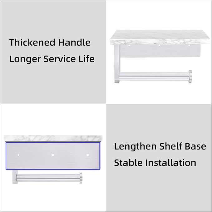Gypie Toilet Paper Holder with Marble Shelf, Wall Mounted Brushed Nickel | Stainless Steel Tissue Roll Paper Holder Dispenser for Bathroom Washroom
