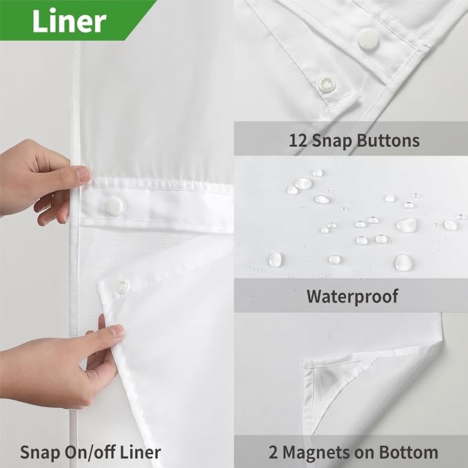 eachope No Hook Linen Texture Shower Curtain with Snap-in Liner,71x80 White | 230GSM Thick Fabric,Hotel Luxury Decor,Mesh Top Window,Magnetic Weighted Hem,Waterproof & Machine Washable,for Bathroom