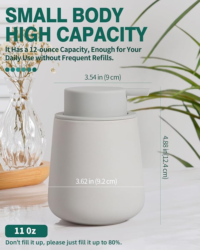 BosilunLife Ceramic Soap Dispenser - Dish Soap Dispenser for Bathroom 12Oz | Refillable Liquid Hand Wash Dispenser for Essential Oil, Lotion Soap, Grey