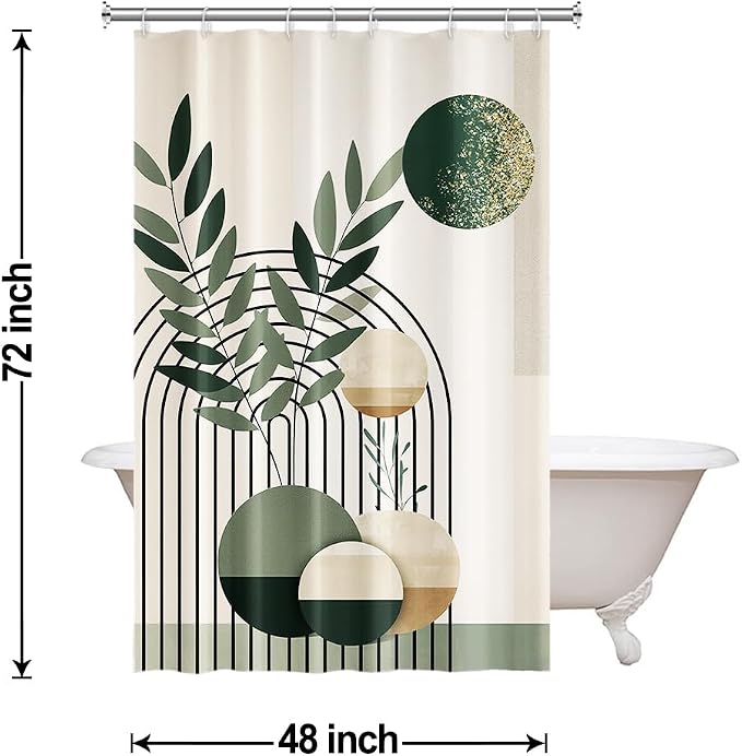 Mid Century Sage Green Stall Shower Curtain with Hooks 48x72 Inch | Waterproof Small Abstract Green and Beige Bathroom Curtain for Shower Stall, Machine Washable