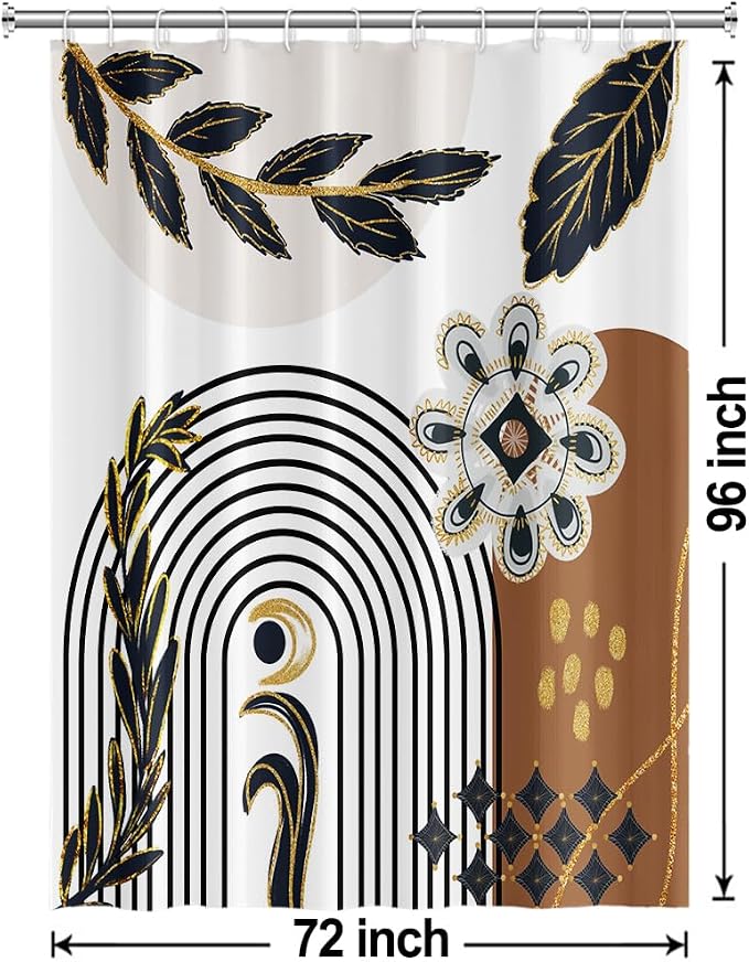 Black and Gold Boho Shower Curtain for Bathroom 72x96 Inch | Waterproof Abstract Black Arch Leaves Shower Curtain Set with Hooks, Mid Century Brown Bathroom Decor