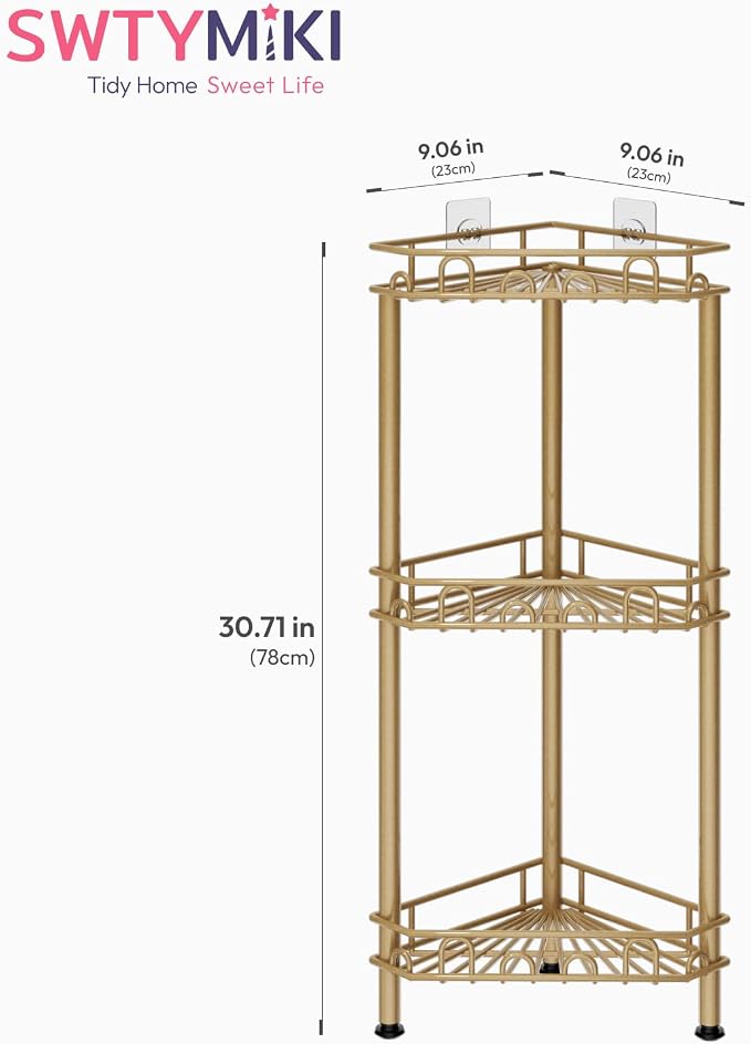 SWTYMIKI Standing Shower Caddy Corner - 3‑Tier Stainless Steel Shower Organizer Shelf with 12 Hooks and Adhesive Pads, Rustproof Corner Shelves Stand Rack for Bathroom Shower Room, Gold