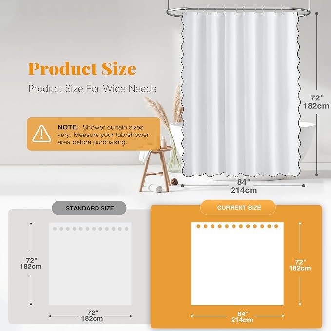 84x72 Boho Scalloped Linen Textured Cloth Shower Curtain Set, White | Wide Size, 230GSM Waterproof Polyester, Heavy Duty Fabric, 14 Plastic Hooks, Elegant Modern Farmhouse Style, Machine Washable