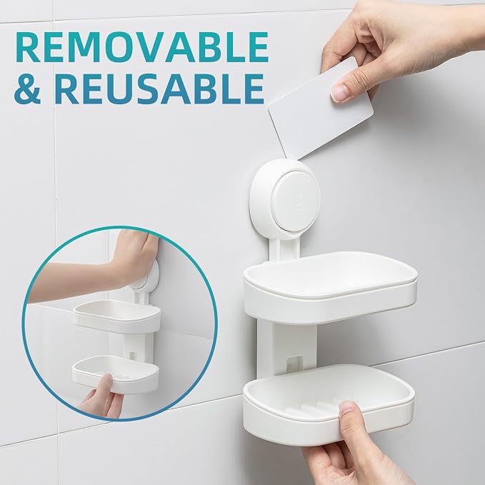 TAILI Soap Holder, Soap Dish for Shower Suction Cup, Bar Soap Holder, White | 2 Layer Removable Soap Holder Shower, Soap Tray for Shower Wall, Drill Free Sponge Holder, Bathroom & Kitchen, No drill
