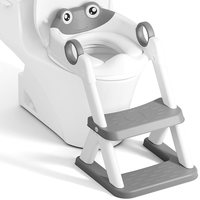 Potty Training Seat, Upgrade Toddler Toilet Seat for Kids Boys Girls, 2 in 1 Potty Training Toilet, Splash Guard Anti-Slip Pad Step Stool(Grey-Frog)