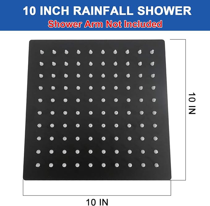 NearMoon Rain Shower Head, High Flow Stainless Steel Square Rainfall Shower, High Pressure Design, Awesome Shower Experience Even At Low Water Flow (10 Inch, Matte Black)