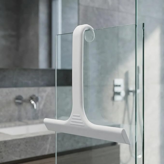 Silicone Shower Squeegee - All-in-One Design with Built-in Hook, 10 Inch Streak-Free Bathroom and car Cleaner for Glass Doors, Mirrors, Windows, Tiles White