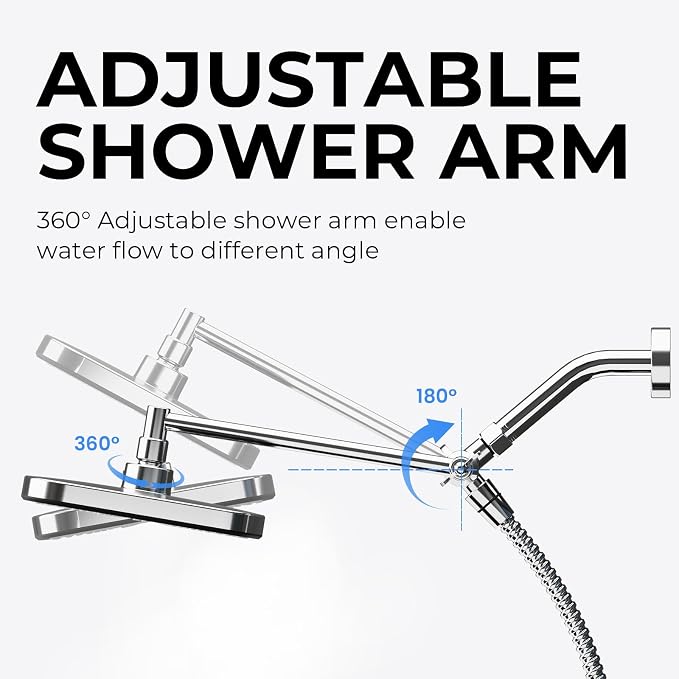Chrome Rain Shower Head with Handheld Shower Head, 5 Spray Modes | High-Pressure Dual Shower Combo, Multi-Spray Handheld, 15-Inch Metal Extension Arm, Detachable Design for Easy, Flexible Use