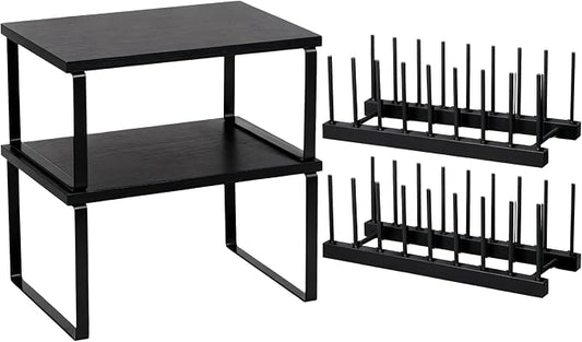 Marsui 4 Pcs Kitchen Organizer Accessories Set for Cabinet,Black | Cabinet Organizer Shelves, Bamboo Dish Drying Plate Rack, Wooden Counter Storage Holder, for Spice Dish Pot Lid Bowl Cup