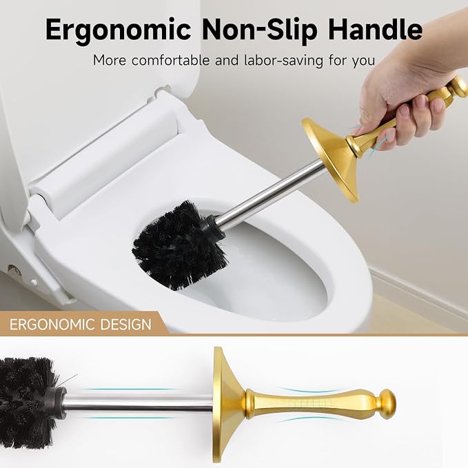 Brass Toilet Brush and Holder，Extra Long Handled Gold Toilet Brush for Bathroom，Stainless Steel Heavy Duty Toilet Bowl Brush,Deep Cleaning Modern Toilet Cleaner Brush -Space Saving, Covered Brush