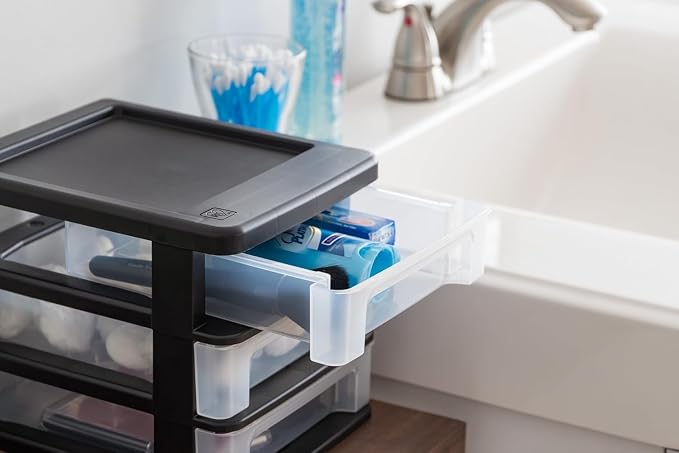 IRIS USA 2-Pack, 3-Drawer Small Plastic Stacking Desktop Organizer, Black | Keep dorm desks tidy with drawers for school supplies, makeup, chargers, snacks and everyday college essentials