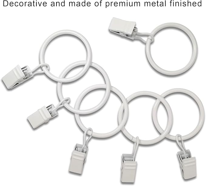LLPJS 100 Pack Curtain Rings with Clips, Curtain Clip Rings Hooks, Bow Hanger Clips for Hanging Drapery Drapes Bows, Ring 1.26 inch Interior Diameter, Fits up to 1" Rod, White