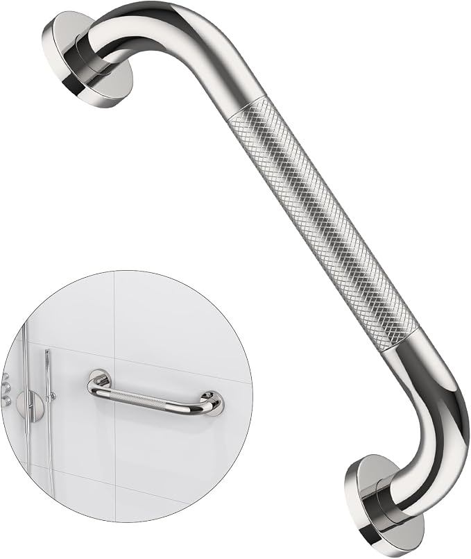 ZUEXT 12 Inch Chrome Knurled Anti Slip Stainless Steel Shower Grab Bar | Bathroom Balance Support Rail, Assist Handle for Handicap, Elderly, Seniors, Wall Mount Rustproof Bath Safety Handrail