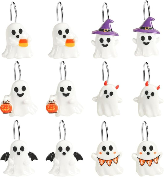 Halloween Shower Curtain Hooks 12 Pcs Ghost Pumpkin Decor Set | Resin Metal Standard Size, Smooth Gliding Rustproof, Bat Skull Spider Cat Designs, Bathroom Festive Home Accents