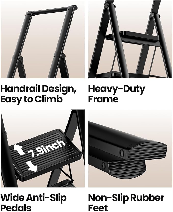 5 Step Ladder, Folding Step Stool, Lightweight Stepladder, Black | Reach 10ft;Anti-Slip 7.9'' Wide Pedal;Portable Handrail;Space-Saving;For Kitchen, Home, Library, Office Use;300lbs Capacity
