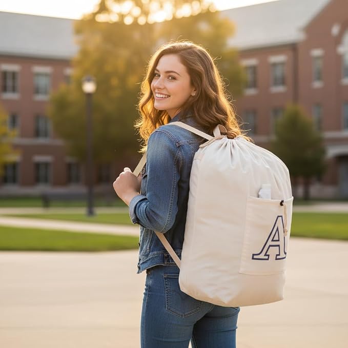 Laundry Bag Backpack Personalized Initial Design Canvas Laundry Bag with Straps & Drawstring Closure Dirty Cloth Hamper Bag for College, Travel, Laundromat, Camping (Letter A)