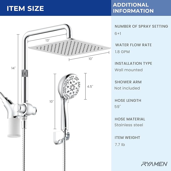 Upgraded Dual Shower Heads Combo, 10 inch Filtered Shower Head with Handheld, 3-Way Rain Shower Head with Filters, 7 Settings Handheld Spray, High Pressure, Height Adjustable (Silver)
