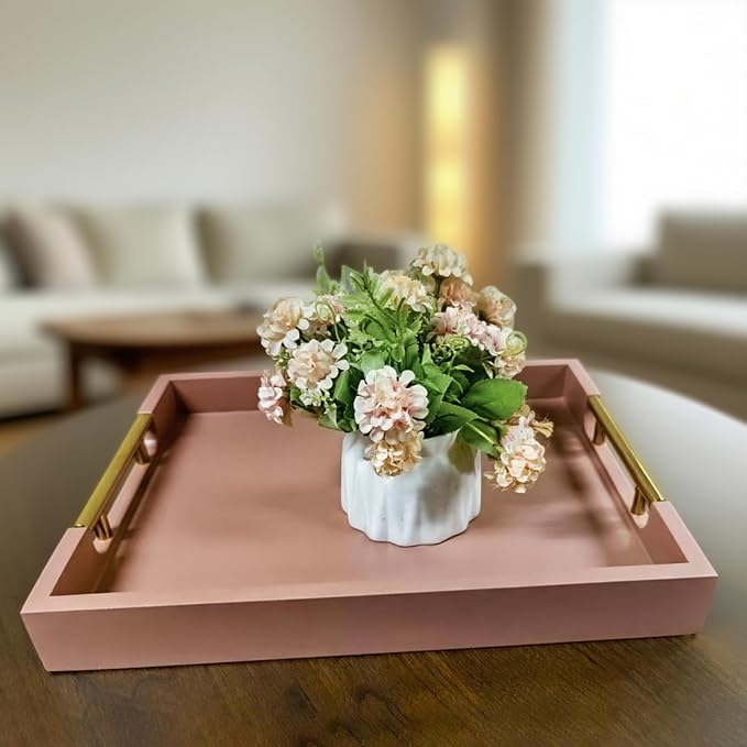Wooden Decorative Coffee Table Tray, 16" Serving Tray with Gold Handles for Ottoman, Living Room, Perfume, Vanity Dresser Organizer (Mocha)
