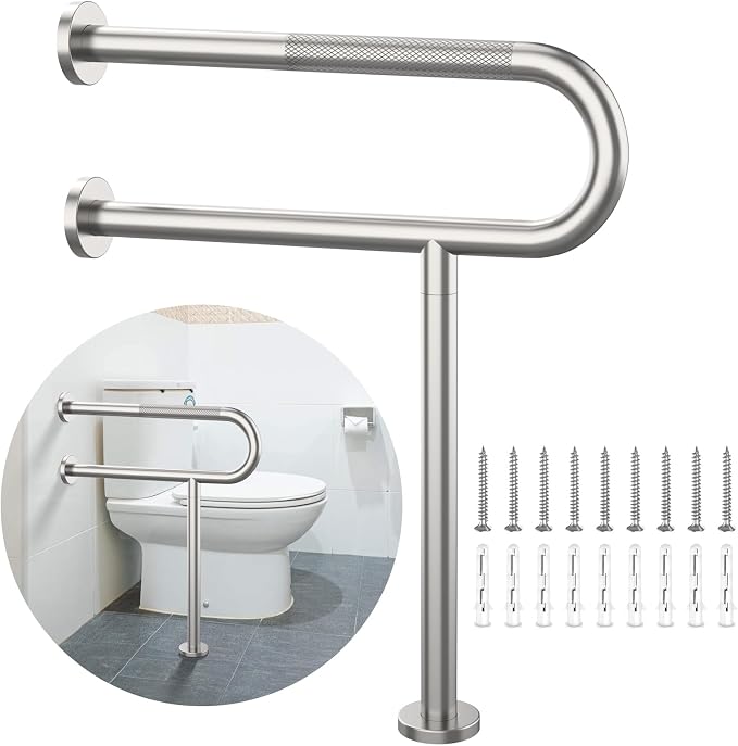 24 Inch Toilet Support Rail, Munzong Brushed Nickel Handicap Grab Bar | Anti-Slip Stainless Steel Knurled Safety handrails with Leg for Elderly Disabled Pregnant-1.25’Tube